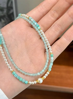 新款夏季时尚简约精致蓝色天河石串珠项链轻奢小众气质百搭锁骨链