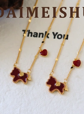新年复古简约时尚红色滴油马上有钱花项链轻奢高级感百搭锁骨链女
