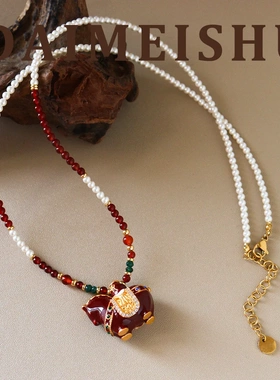 马年原创新中式复古精致红玛瑙小马钱袋毛衣链轻奢高级感长项链女