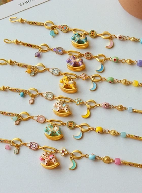原创复古精致彩色滴油珐琅月亮花朵木马水晶手链女轻奢高级感手饰