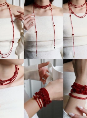 新年复古时尚精致红色琉璃缠绕玫瑰毛衣链轻奢高级感叠戴长项链女