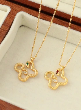 原创蛇年红色滴油蛇形四叶草项链轻奢高级感时尚精致本命年锁骨链