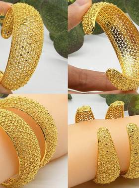 订婚五金首饰仿真女式24K镀金镂空开口C形手镯越南婚礼沙金镯子