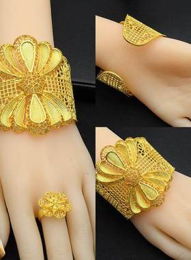 假黄金首饰开口铜手镯不掉色饰品手镯戒指时尚欧美婚礼女士大手镯