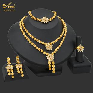 五金首饰结婚仿真镀金花朵水滴吊坠锆石项链耳环手镯戒指气质新娘