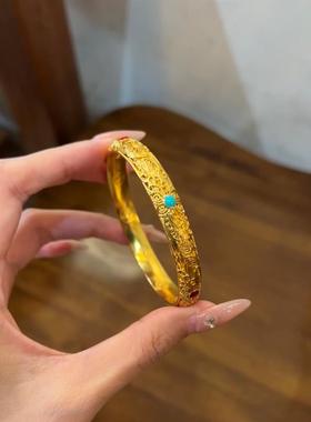 皇后花丝沙金手镯太后黄金色镯子闭口琳琅钱币新中式金店同款首饰