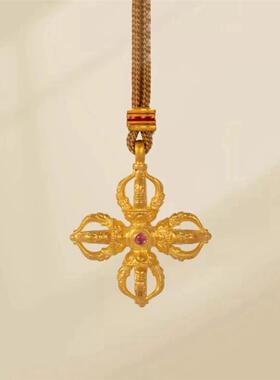 十字金刚杵沙金吊坠女琳琅法彩镶红宝石编绳项链毛衣链真黄金色