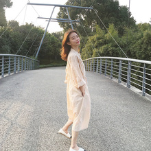 HiDou杏色连衣裙2019春夏季中长七分袖收腰甜美文艺A字小清新款女