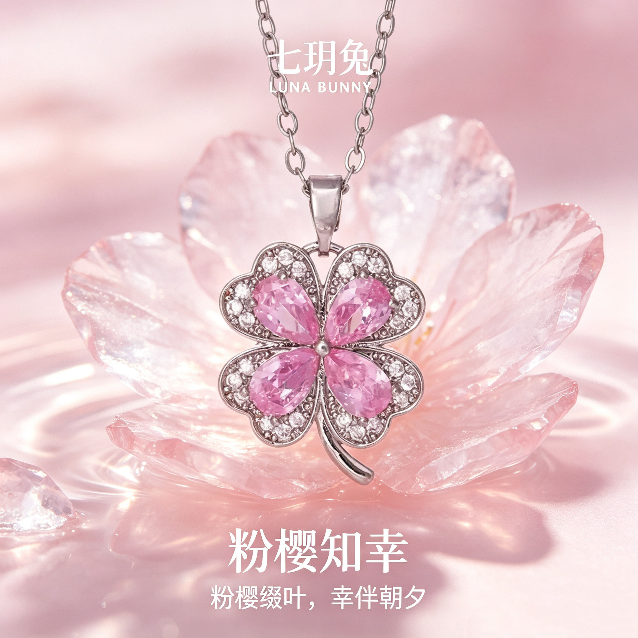 粉色水晶四叶草项链小众轻奢新款高级温柔显白吊坠百搭精致简约