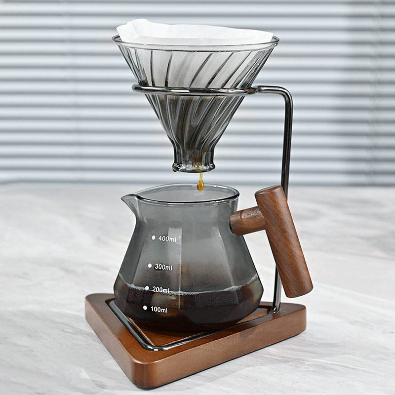 美国手冲咖啡分享壶胡桃木手柄黑色咖啡壶家用耐高温带刻度公道杯
