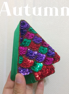外贸出口手工串珠亮片绿色圣诞树零钱收纳盒圣诞礼物首饰盒礼物盒