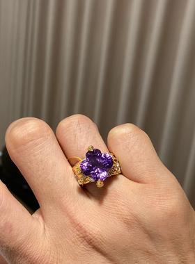 实物拍摄意大利款天然紫水晶S925银女士戒指满火彩颜色浓郁活口款