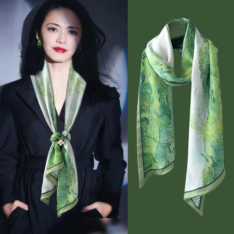 油画式丝巾，高端，百搭，窄长，小丝巾，女性专业搭配衬衫，2025