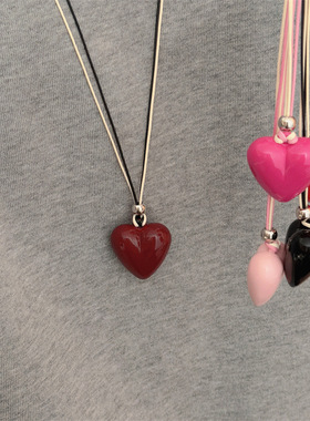 复古多色爱心吊坠项链简约蜡绳款甜妹风百搭颈链甜酷少女情侣款