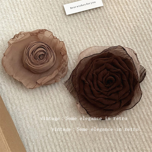 复古法式网纱烧边山茶花高档气质手工布艺花朵秋冬胸针配饰