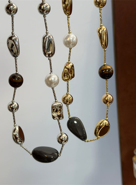 法式复古金色不规则虎眼石珍珠项链时尚小众高级感百搭毛衣链颈链