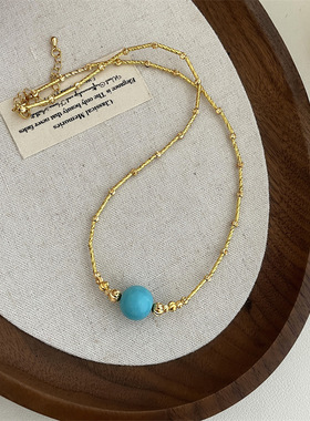 中古vintage蓝色圆珠吊坠项链女时尚高级感小众设计个性百搭颈链