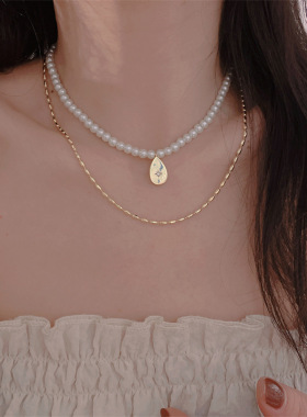 时尚锆石水滴珍珠项链女ins风轻奢小众双层锁骨链高级感套装