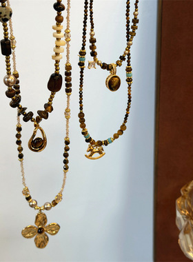 秋冬百搭复古美拉德虎眼石串珠项链2025新款时尚毛衣链百搭颈链