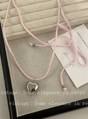 小众多种戴法可调节粉色蜡绳爱心项链女气质高级感ins风个性颈链
