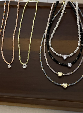 春夏新款及细切面水晶串珠项链 复古森系法式水滴锆石吊坠锁骨链