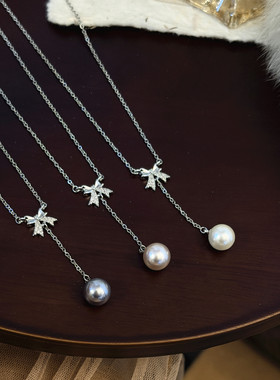 锆石蝴蝶结珍珠项链女小众设计高级感日常韩版简约高级灰气质