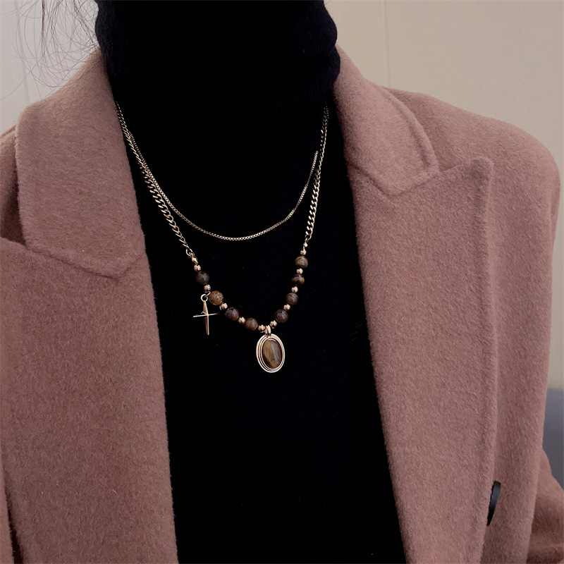 法式椭圆虎眼石双层星芒项链复古美拉德气质高级感秋冬叠戴毛衣链