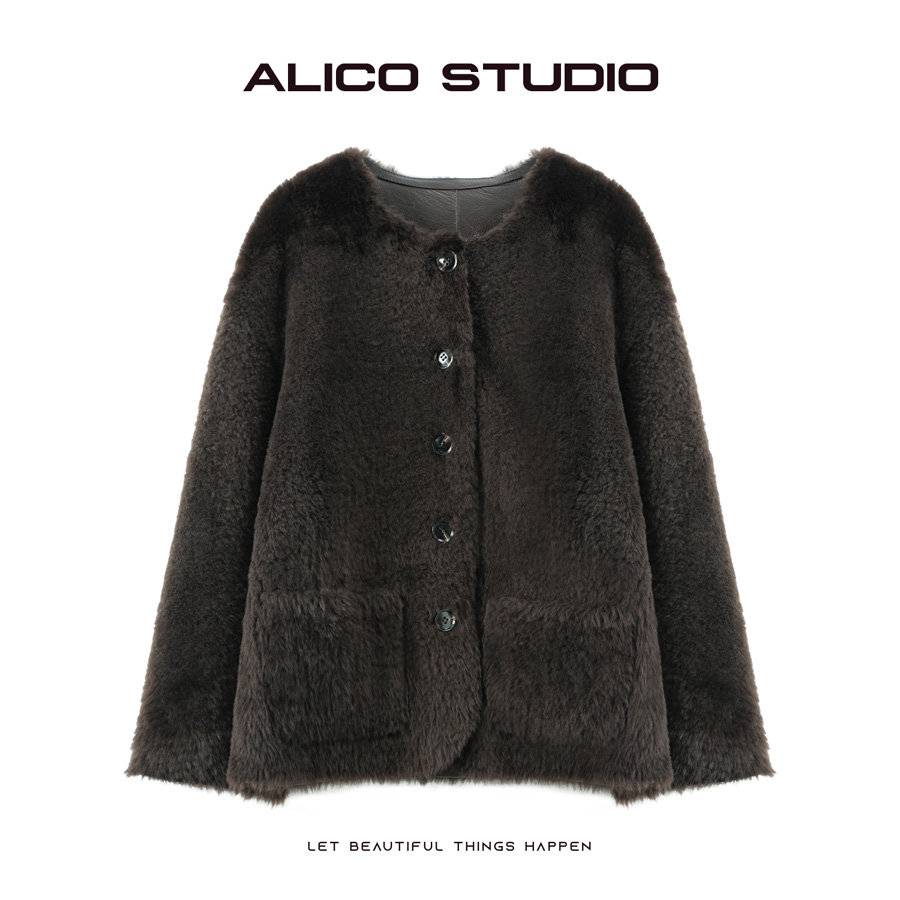 喜乐XILE 秋冬新款高品质圆领皮毛一体皮草大衣外套