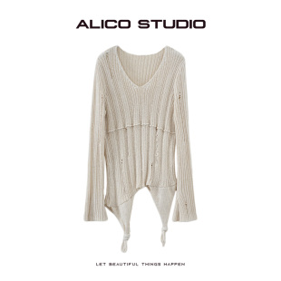 V领不规则破洞镂空针织上衣针织衫 喜乐XILE 设计师款 新款 春季