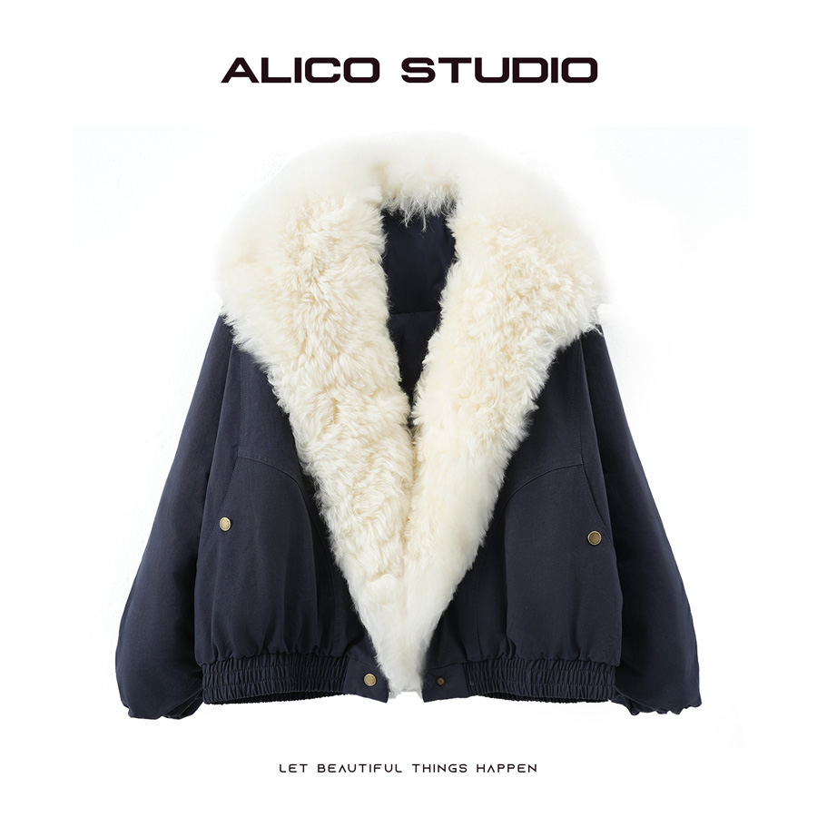 喜乐XILE 冬季新款韩版宽松羊羔大毛领短款鹅绒服外套