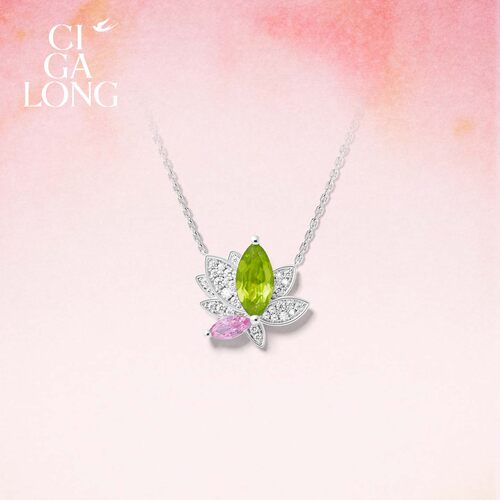 [新品]CIGALONG龙梓嘉绿粉荷花项链橄榄石戒指十二花神礼物