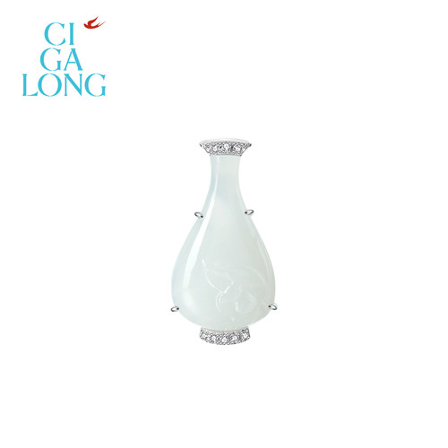 CIGALONG莲纹宝瓶和田玉胸针