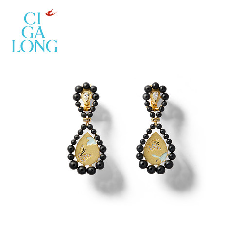 [新品]CIGALONG龙梓嘉百蝶图屏风黑玛瑙耳钉新中式珠宝新年礼物