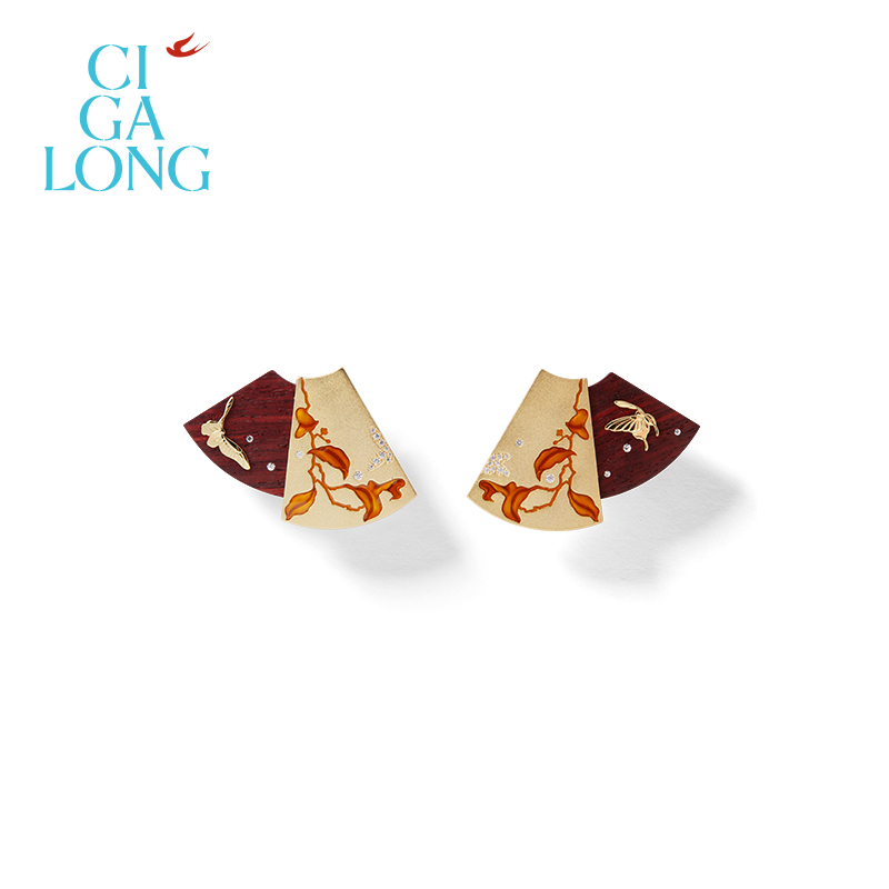 CIGALONG龙梓嘉百宝嵌屏风紫檀木耳钉新品系列原创新中式珠宝