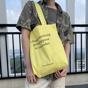 荒废罗曼史 好事花生 黄色英文帆布包原创设计纯棉小个子拉链布袋