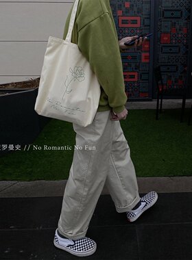 NoRomantic浪漫玫瑰英文男女文艺简单休闲ins原创小众纯棉帆布包