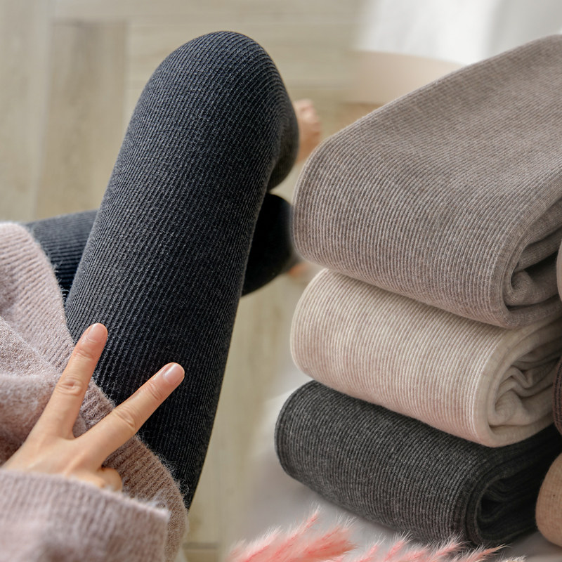 竖条纹打底裤女外穿秋冬季加绒加厚燕麦白色一体连脚裤袜踩脚灰色