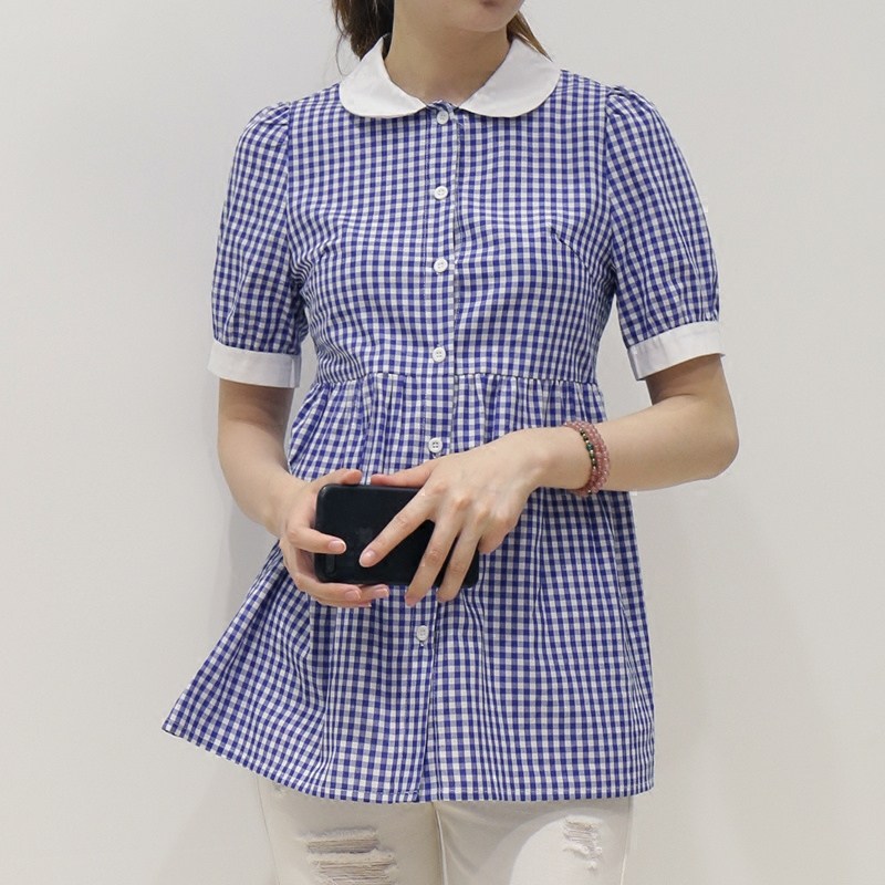 蓝白格子衬衫女中长款短袖灯笼袖娃娃领上衣夏季修身甜美可爱减龄
