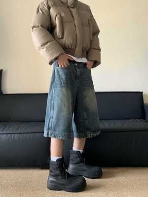 美式复古水洗高街拼接牛仔短裤男