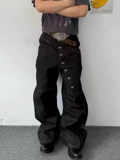 American High Street Retro Long Button-Down Silhouette Jeans for Men and Women, Loose Baggy Wide-Leg Casual Floor-Length Pants Trendy