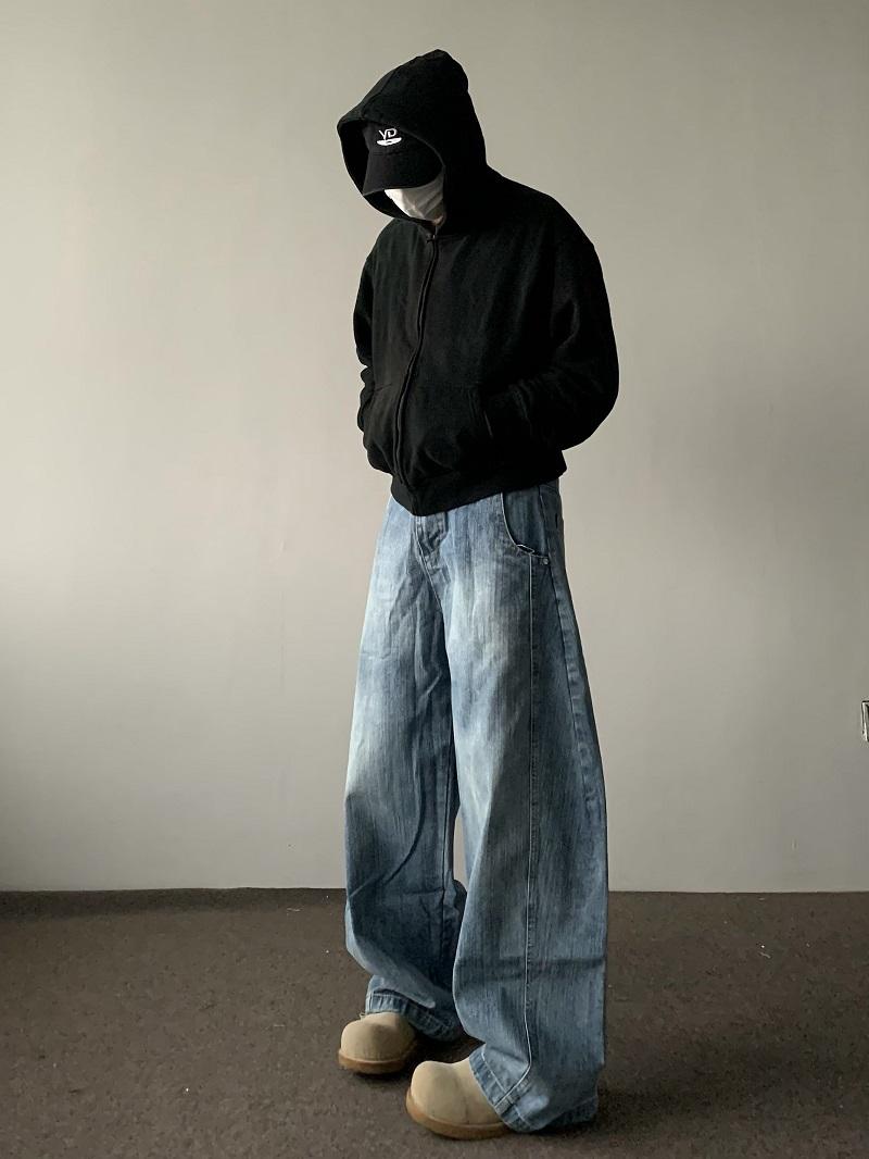 thumbnail for American street slub pattern deconstructed loose scimitar jeans for men and women versatile retro wash wide-leg casual trousers