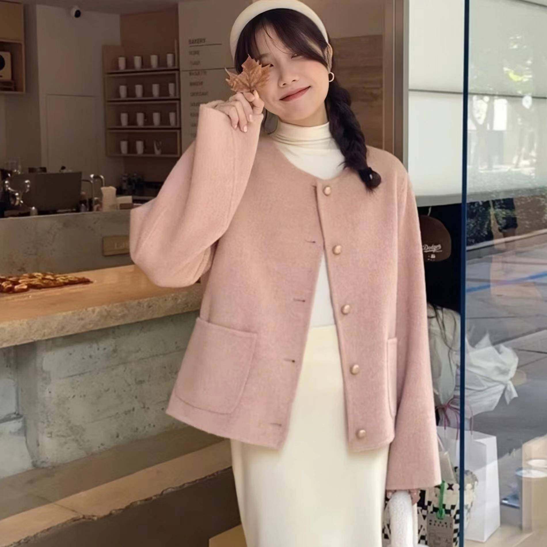 反季双面羊绒大衣女2024新款高端韩版显瘦秋冬圆领短外套羊毛呢子