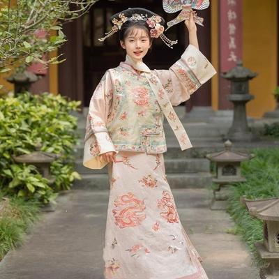 清朝格格服装清汉女晚清宫廷风满族旗袍印花马甲氅衣旗袍国风套装
