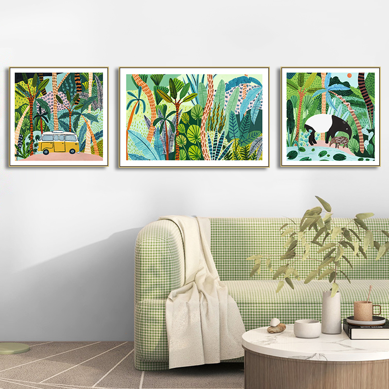 森林动物装饰画北欧风客厅玄关卧室挂画餐厅城市风景手绘插画壁画图片