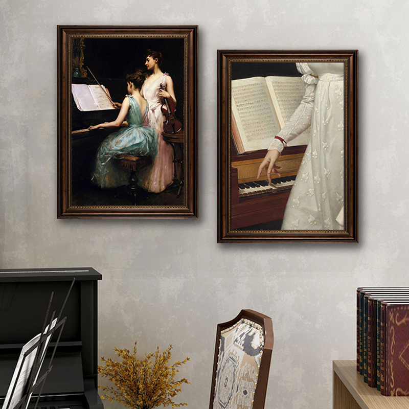 琴房法式复古人物油画装饰画音乐艺术培训中心挂画客厅高级感壁画