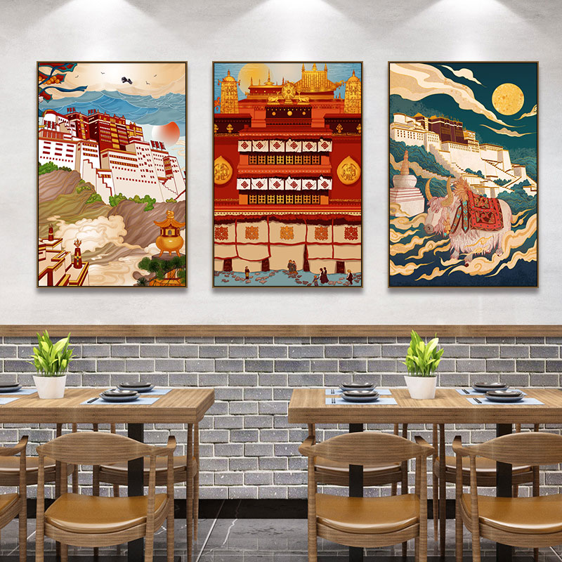 西藏装饰画民族风酒店餐厅挂画藏族拉萨布达拉宫风景建筑插画壁画图片