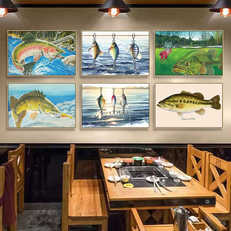 路亚钓鱼装饰画复古美式海鲜餐厅饭店挂画渔具店钓鱼馆原生鱼壁画图片
