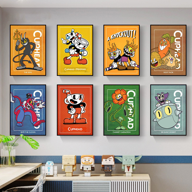 茶杯头装饰画电竞房间男生卧室宿舍挂画儿童房卡通NS游戏周边壁画