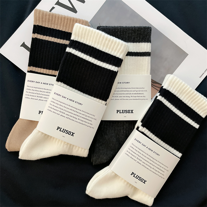 3双男女中长筒袜子纯棉ins潮春秋日系条纹秋冬长袜男运动篮球袜棉