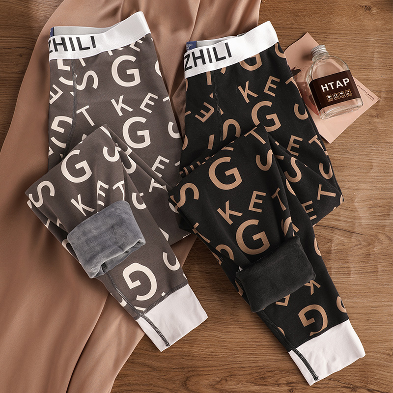 男士保暖裤纯棉加绒加厚秋裤男潮ins字母青年修身打底衬裤棉毛裤